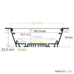 Perfil de aluminio para tira led empotrable, Wide 125,15*35mm (2mts)