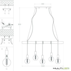 Lampara Colgante Vintage Modern de 5 cables negro E27 1000mm
