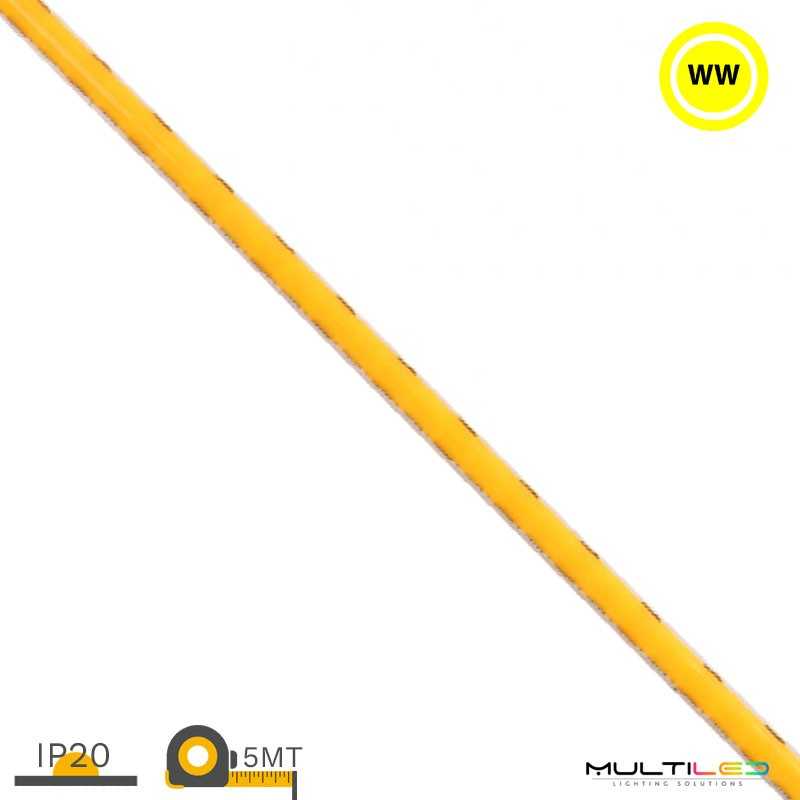Tira led profesional Cob 384l/m Superfina 5mm 10W/m 1000Lm/m IP20 24V Blanco Cálido 3000k