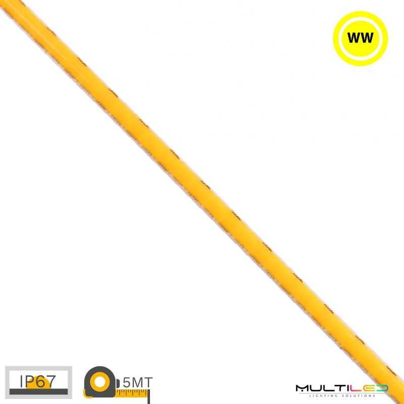 Tira led profesional Cob 384l/m Superfina 5mm 10W/m 1000Lm/m IP67 24V Blanco Cálido 2700k