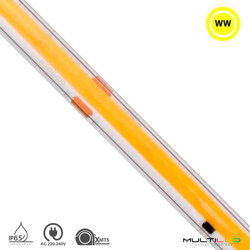 Tira led LUX Series COB, 296Leds/Mt 10mm 12W/Metro IP65 220V AC Corte 12cm Blanco Calido 2700k (Por metro)